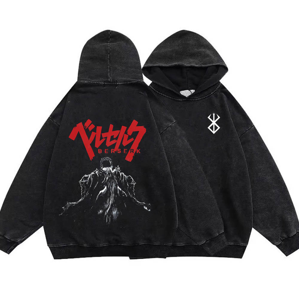 Anime Berserk Hoodies Hip Hop Streetwear Vintage Guts Knight Print Sweatshirt Washed Hooded Long Sleeves Pullover - Berserk Shop