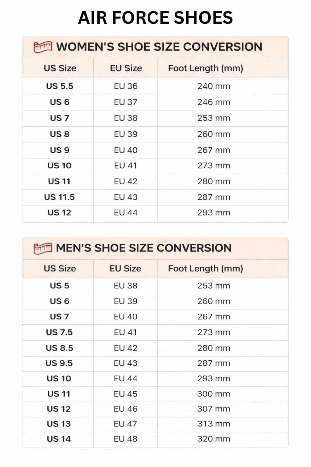 Air Force Shoes Size Chart - Berserk Merch