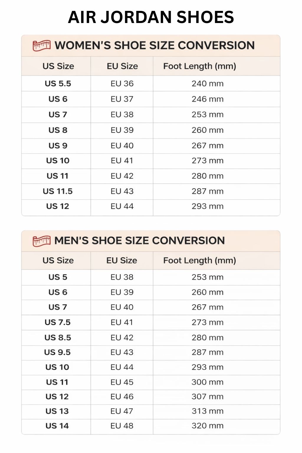 Air Jordan High Low Top Shoes Size Chart - Berserk Merch